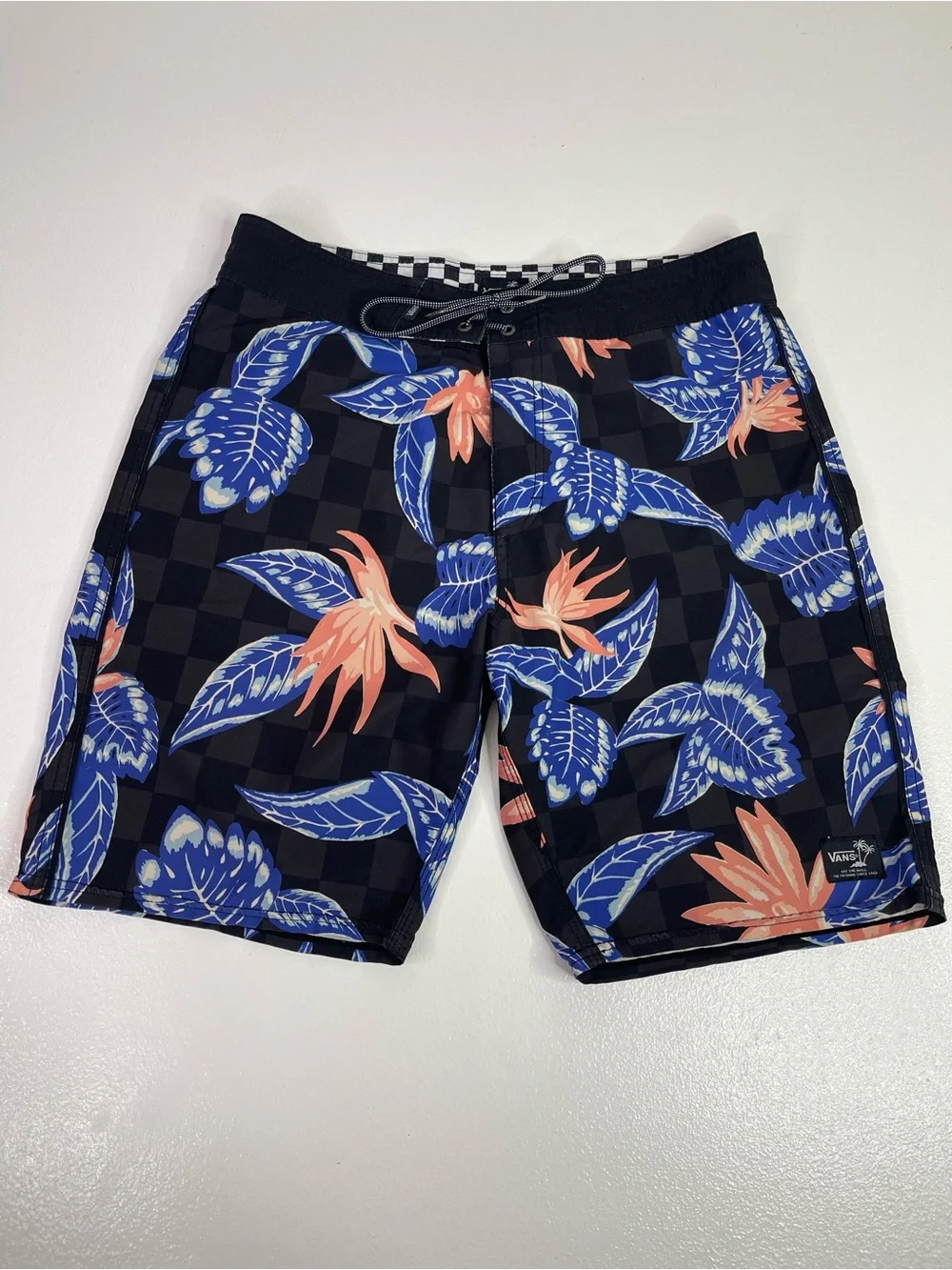 Vans Mens Board Shorts Floral Checkered Swim Trunks Drawstring Pocket Size M